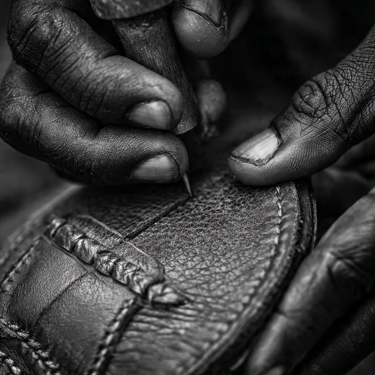 Craftsman stitching leather by hand
